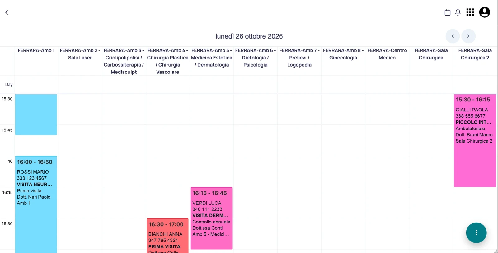 Agenda di Medical Planner con una colonna per ogni ambulatorio e gli appuntamenti colorati