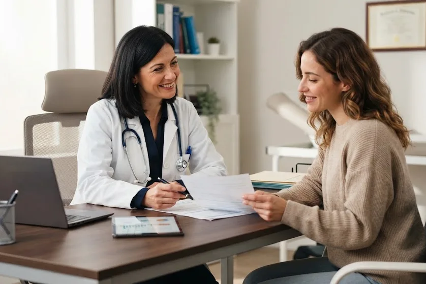Medico che parla con una paziente nel suo studio